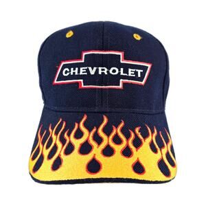 Vintage Chevrolet Chevy Navy Strapback Wool Hat Cap American Fire Flames 90s Y2K